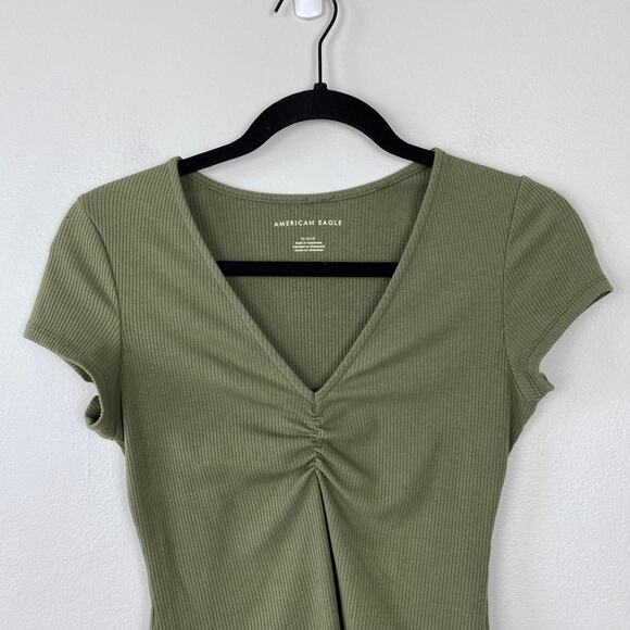 American Eagle Bodysuit Olive Green Ribbed Ruched V-neck Short‎ Sleeve Medium - Picture 2 of 9